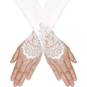 Women's White Embroidery Sequins Finger Loop Floral Satin Long Gloves Party Wear